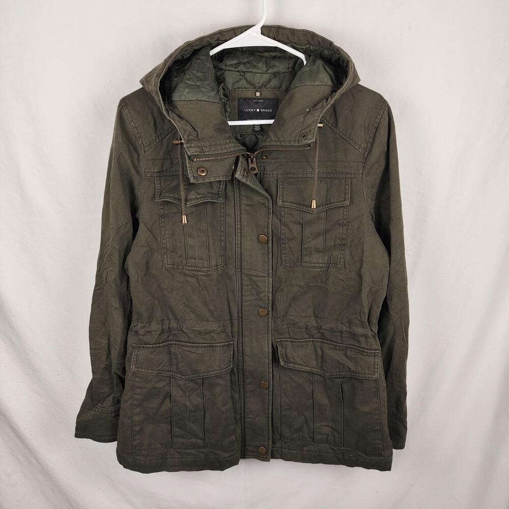 Lucky Brand Jacket Womens Medium Green Twill Hooded Anorak Zip Pockets Lined